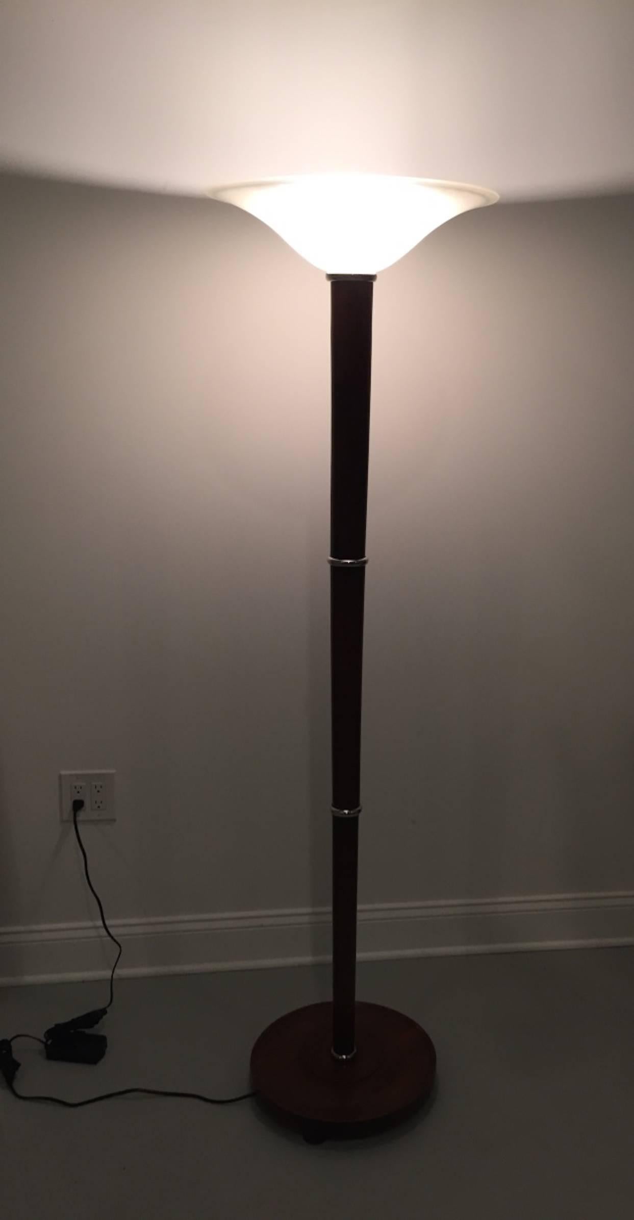 French Art Deco Figured Wood and Bronze Floor Lamp Torchiere In Excellent Condition In North Bergen, NJ