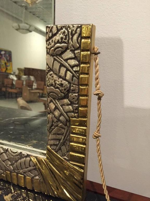 French Art Deco White and Yellow Gold Geometric Foliage Mirror For Sale