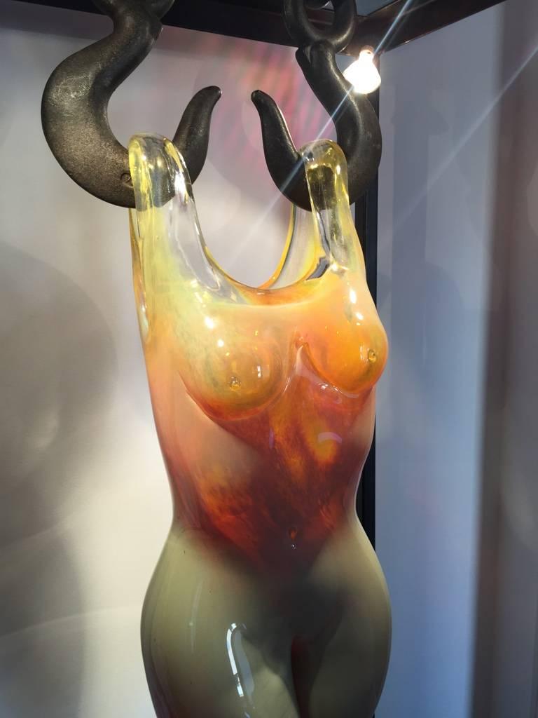 Modern Grand Sculpted Blown Glass Female Figure in Steel Frame For Sale