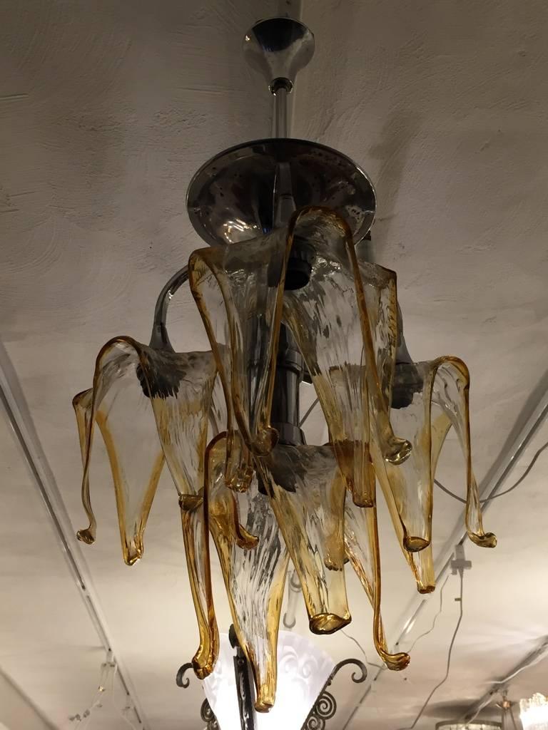 Handblown Mazzega Murano chandelier, Amber, clear glass with chrome frame
