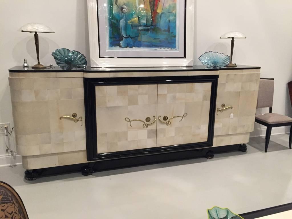 French Art Deco spectacular parchment buffet with ebony marble top and 