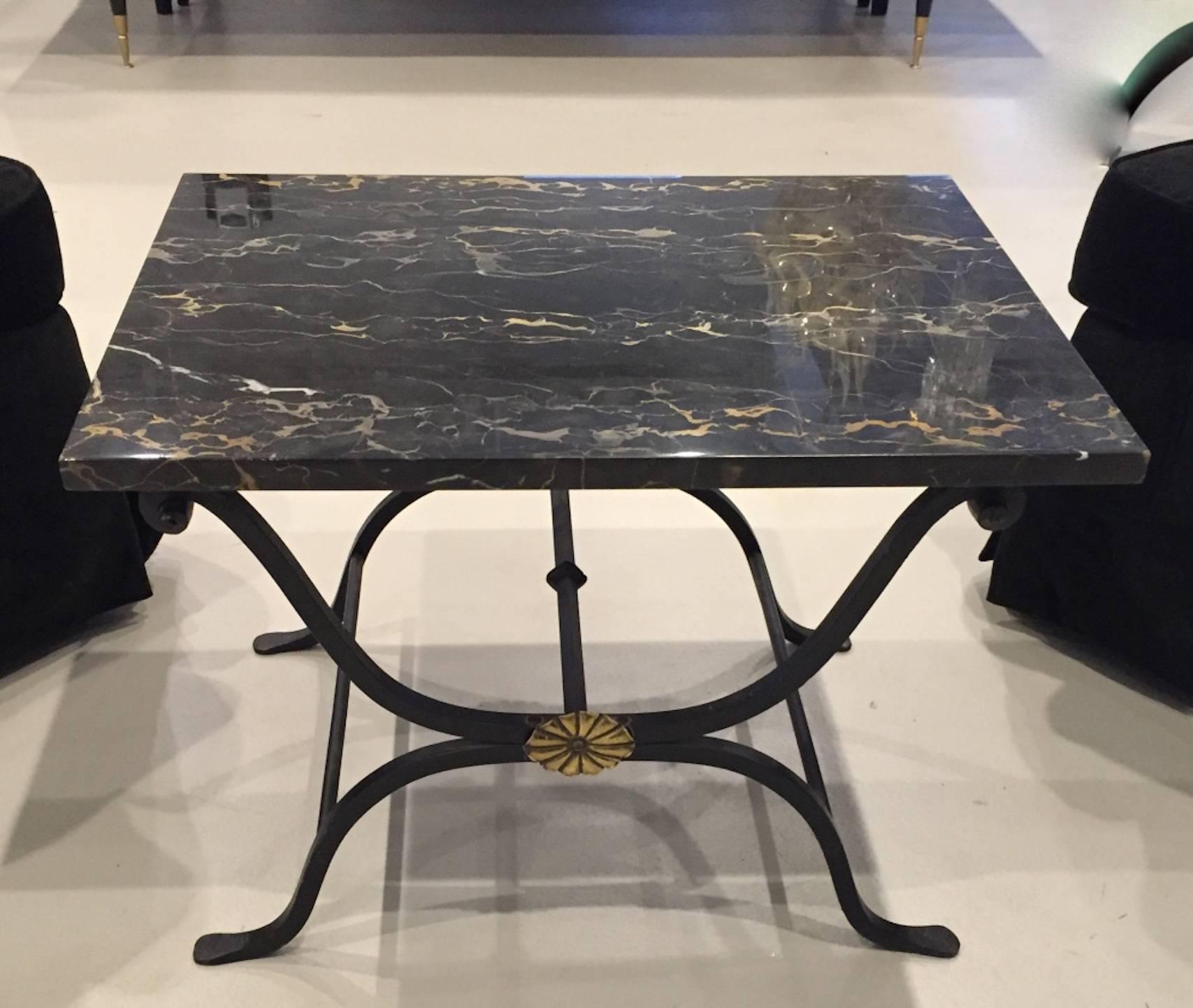 French Art Deco Wrought Iron and Portoro Marble Table In Excellent Condition In North Bergen, NJ