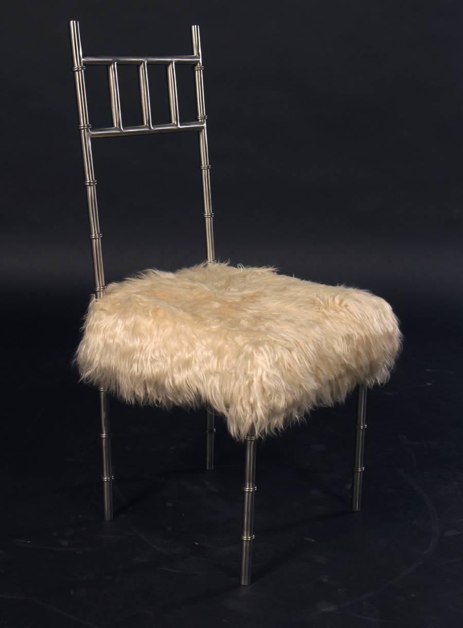 Mid-Century Modern Pair of Nickel over Iron Bamboo Chairs with Goat Fur Seats