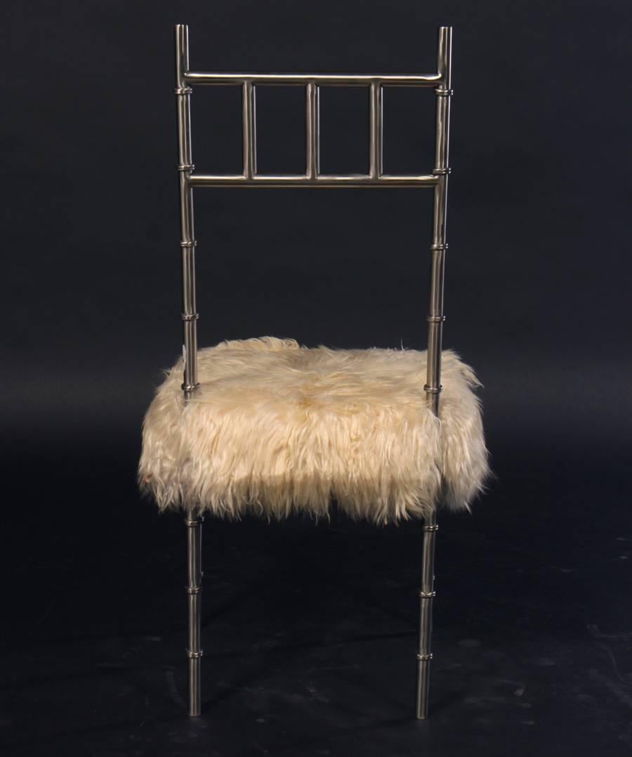 Pair of Nickel over Iron Bamboo Chairs with Goat Fur Seats In Excellent Condition In North Bergen, NJ