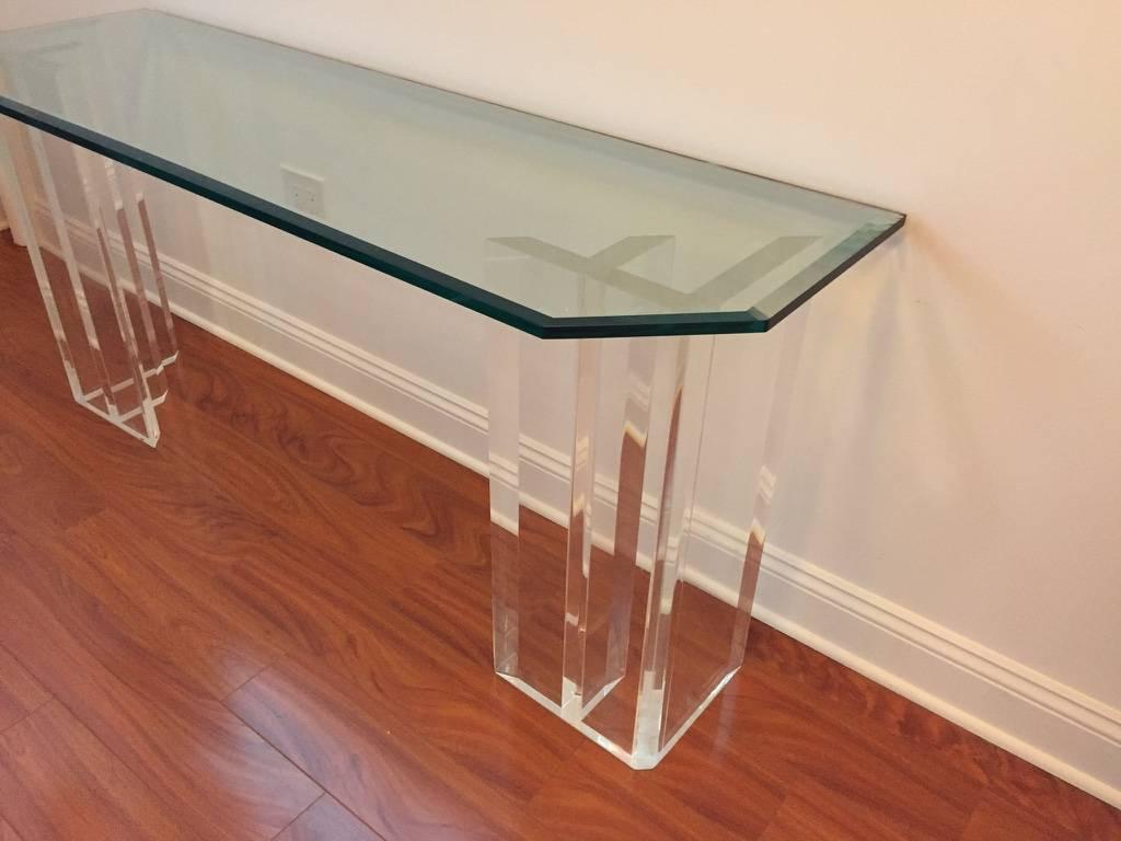 Mid-Century Modern Console with Lucite Dual Base and Glass Top 