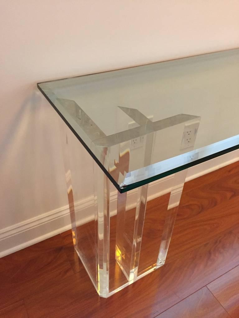 Console with Lucite Dual Base and Glass Top  In Good Condition In North Bergen, NJ