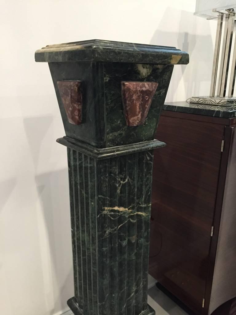 Pair or single of marble columns pedestals in a beautiful green marble. Having amazing veined green and red marble. Perfect for any entry way or any room in your home adding the perfect decor.