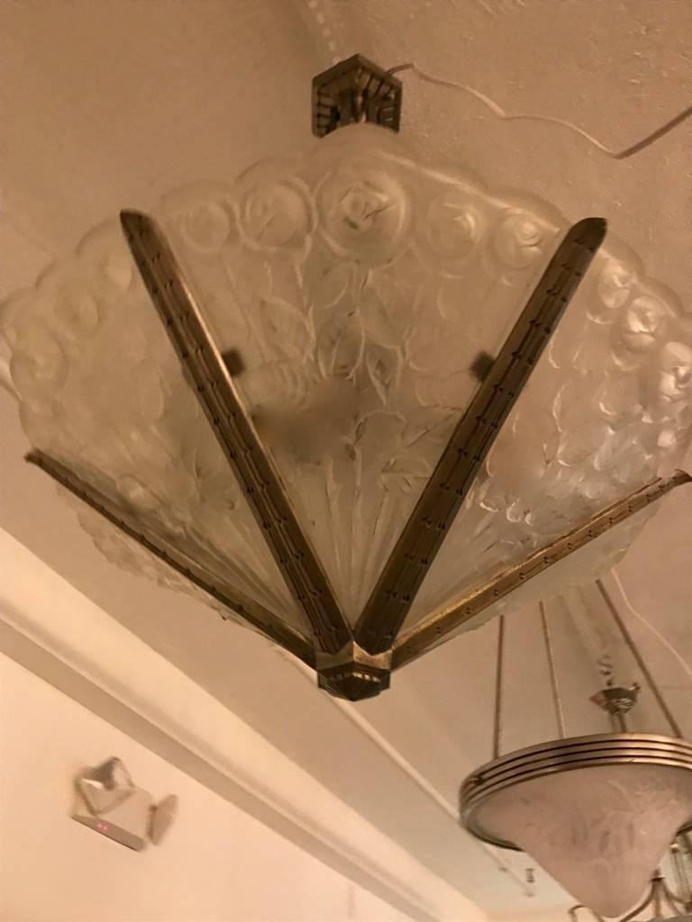 Glass French Art Deco Chandelier Signed by Des Hanots For Sale