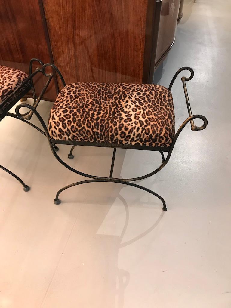 Pair Of Mid Century Modern Iron Leopard Print Cerule Benches At