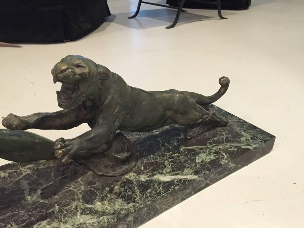 Grand French Art Deco Hunter and Tiger Sculpture Signed  For Sale 1