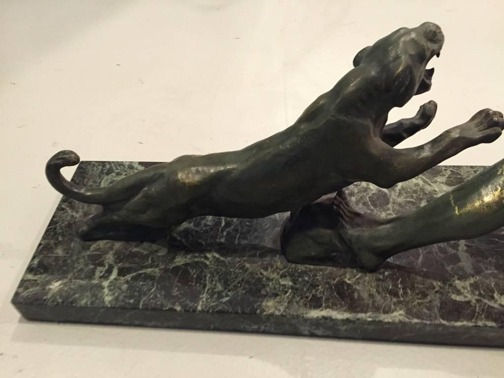 Grand French Art Deco Hunter and Tiger Sculpture Signed  For Sale 5