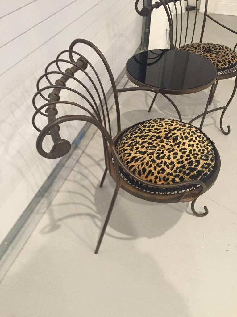 Mid-20th Century Tea Table with Two Chairs Having Leopard Print Cushions and Marble Top For Sale