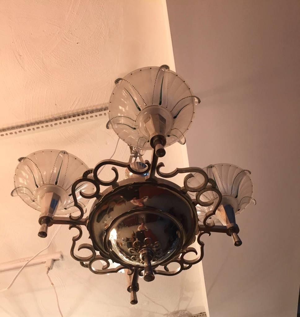 French Art Deco Opalescent Chandelier For Sale 4