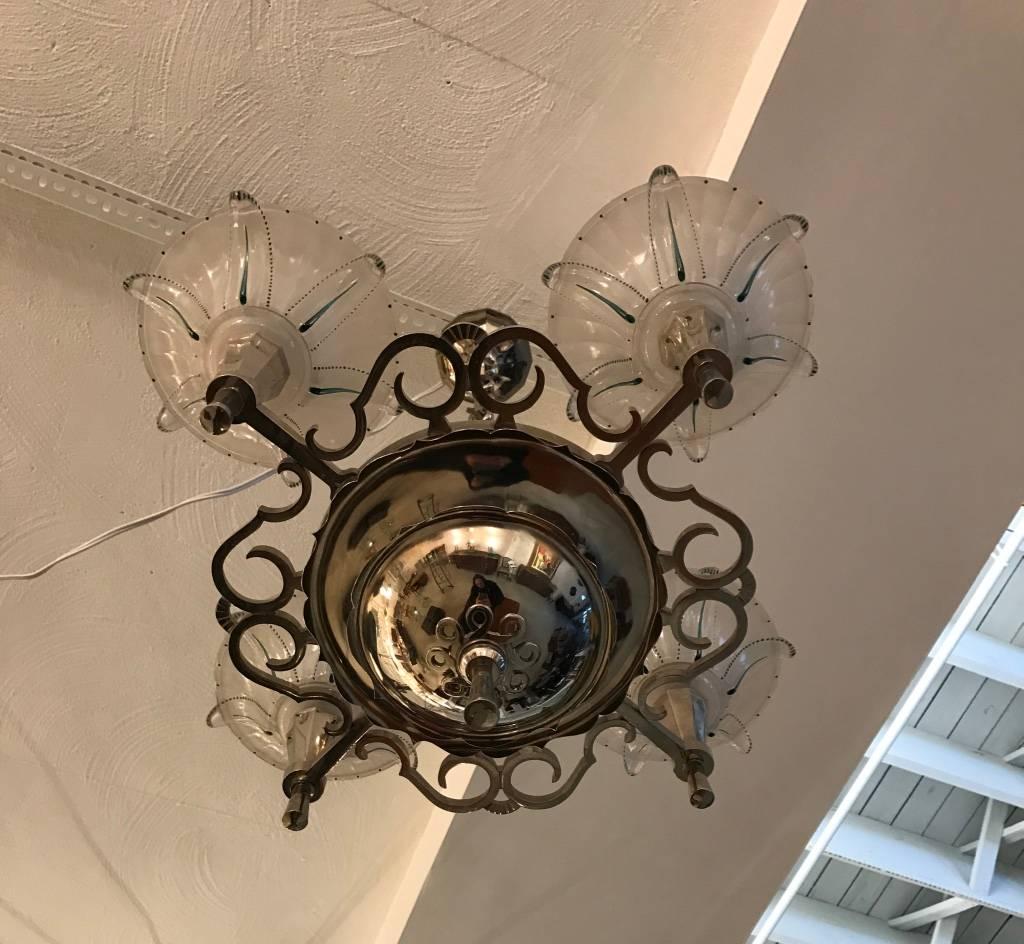 French Art Deco Opalescent Chandelier In Excellent Condition For Sale In North Bergen, NJ