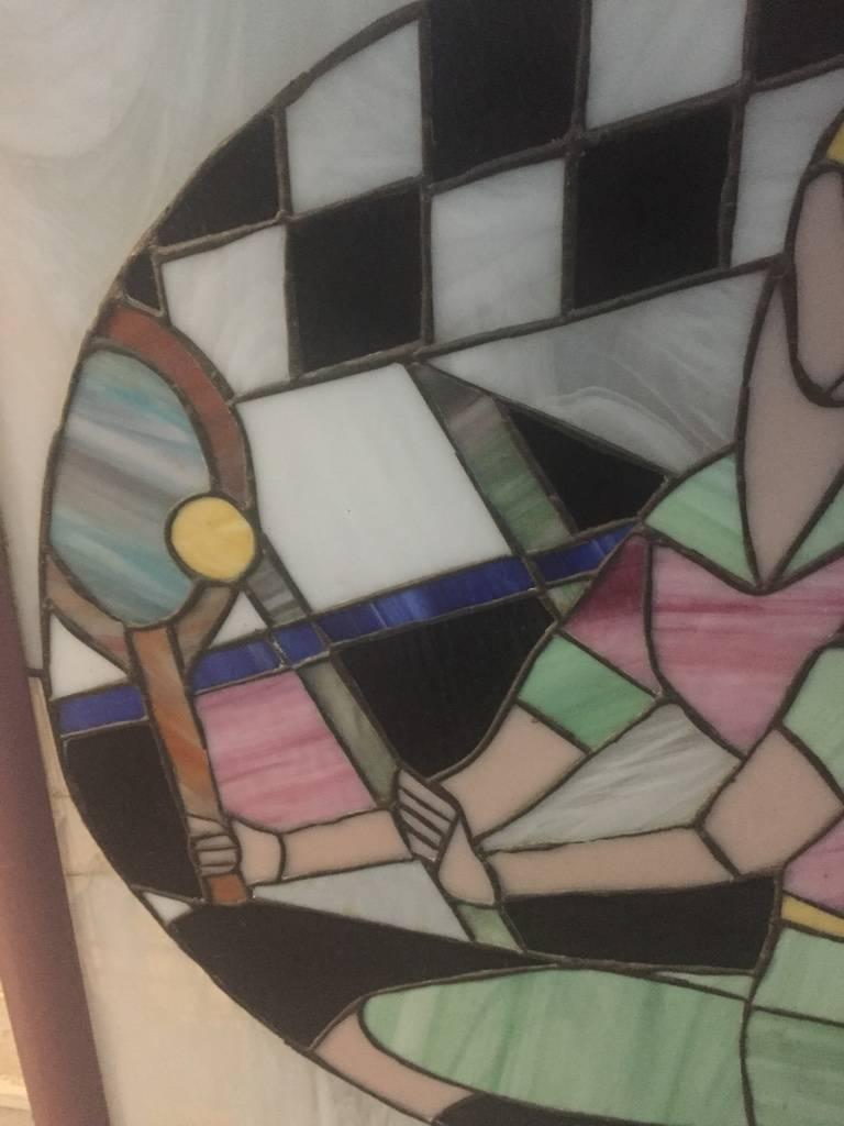 Signed Art Deco Stained Glass of Women Playing Tennis In Excellent Condition For Sale In North Bergen, NJ