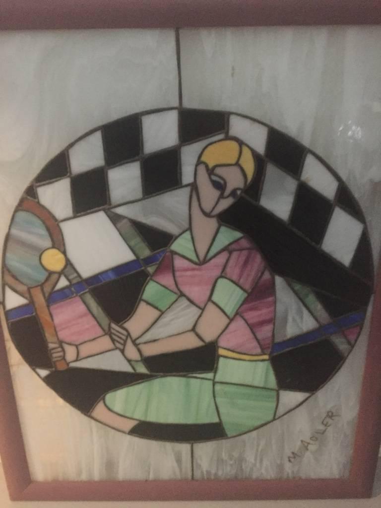 Mid-20th Century Signed Art Deco Stained Glass of Women Playing Tennis For Sale