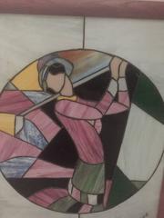 Signed Art Deco Stained Glass Woman Golfer