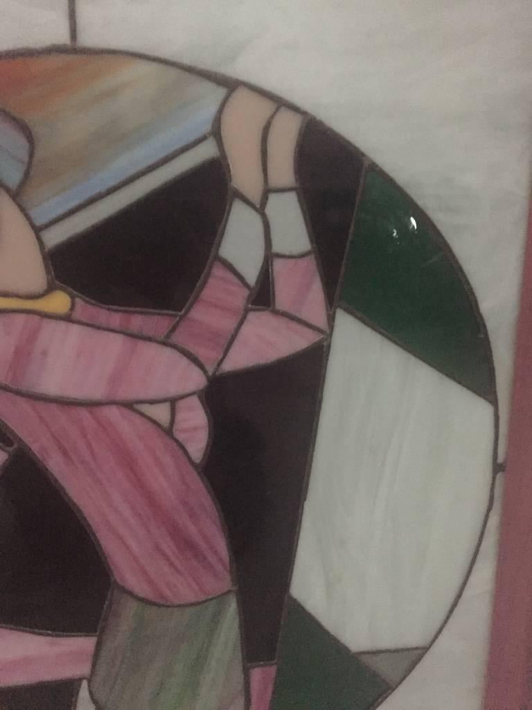 Mid-20th Century Signed Art Deco Stained Glass Woman Golfer For Sale