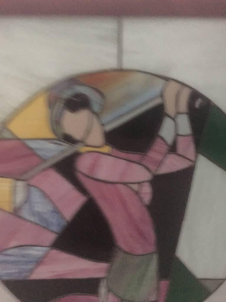 Signed Art Deco Stained Glass Woman Golfer For Sale 1