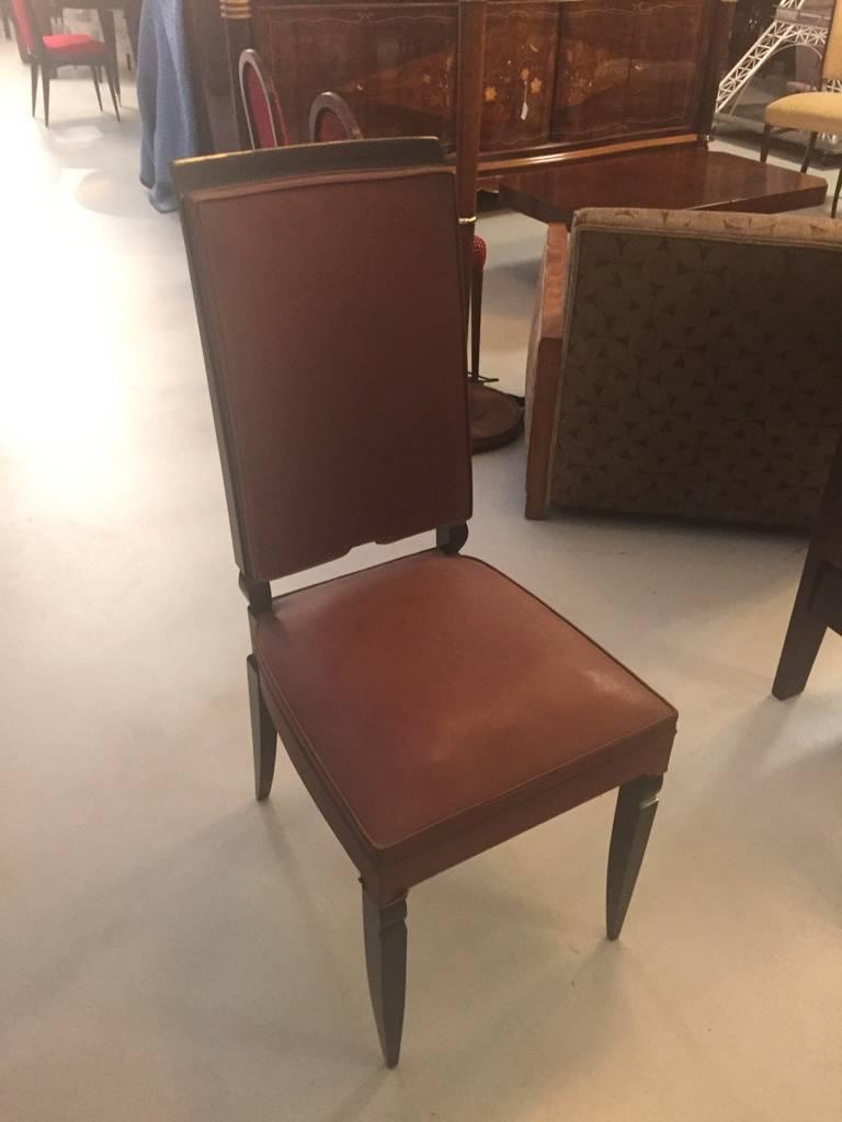 French Art Deco dining chairs set of six. Stunning Art Deco lines and has been recently been refinished, circa 1940s.
