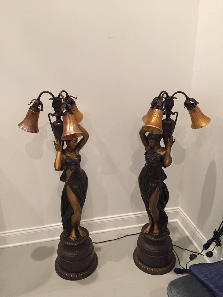 Stunning Pair of Two French Bronze Ladies 'Torchere' Floor Lamps In Excellent Condition In North Bergen, NJ