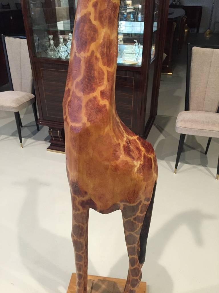 Tall Hand-Carved Wood Standing Giraffe In Excellent Condition In North Bergen, NJ