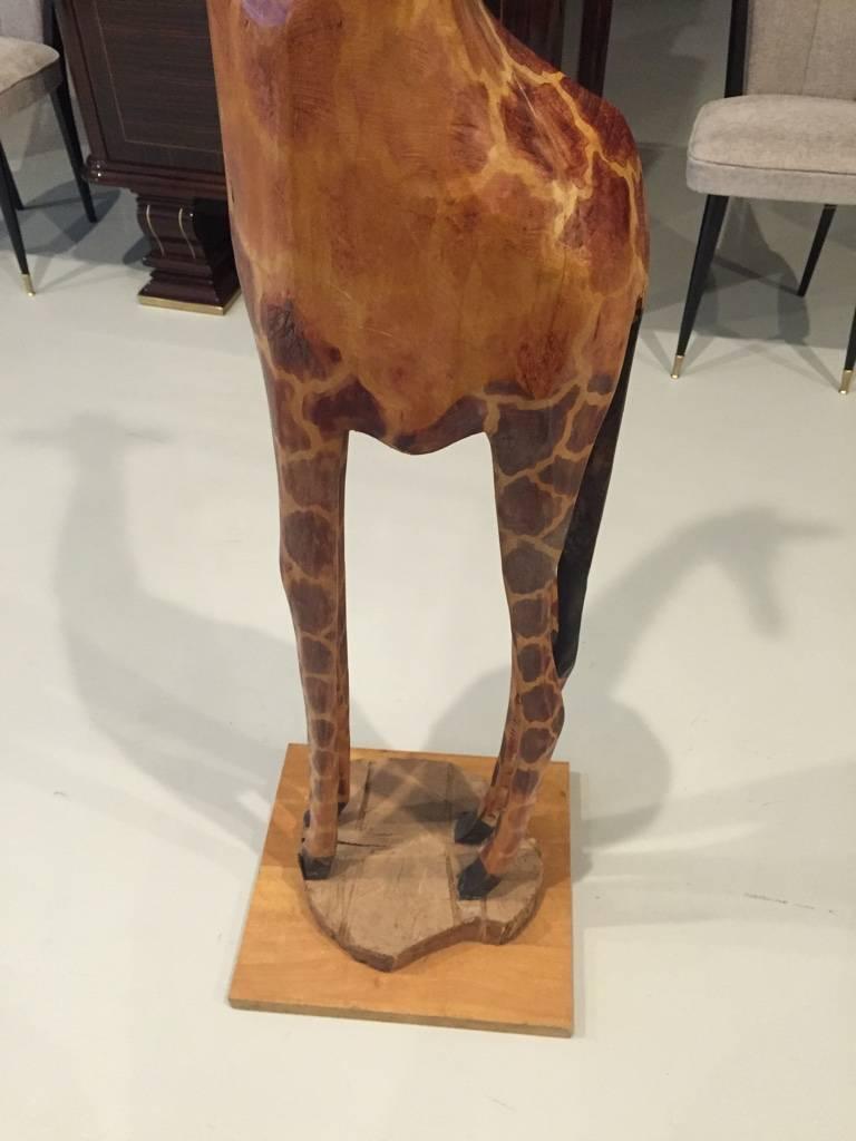 Mid-20th Century Tall Hand-Carved Wood Standing Giraffe