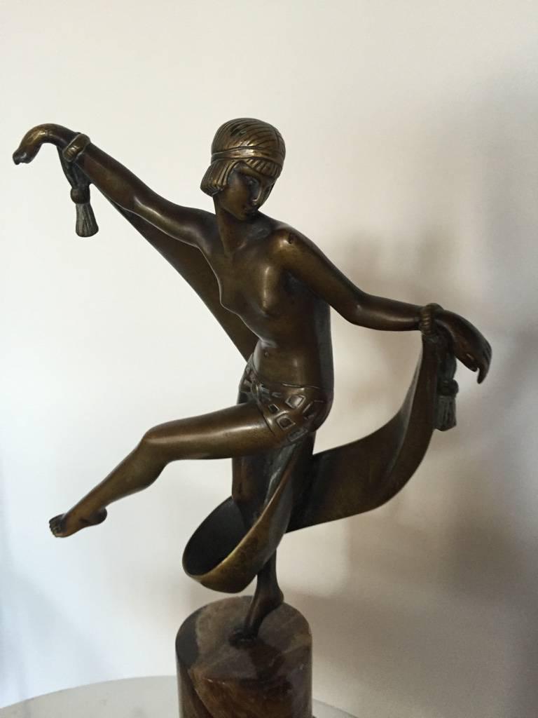 Stunning original French Art Deco nude scarf dancer bronze signed Fanny Rozet was among the few women artists and an important members of the 
