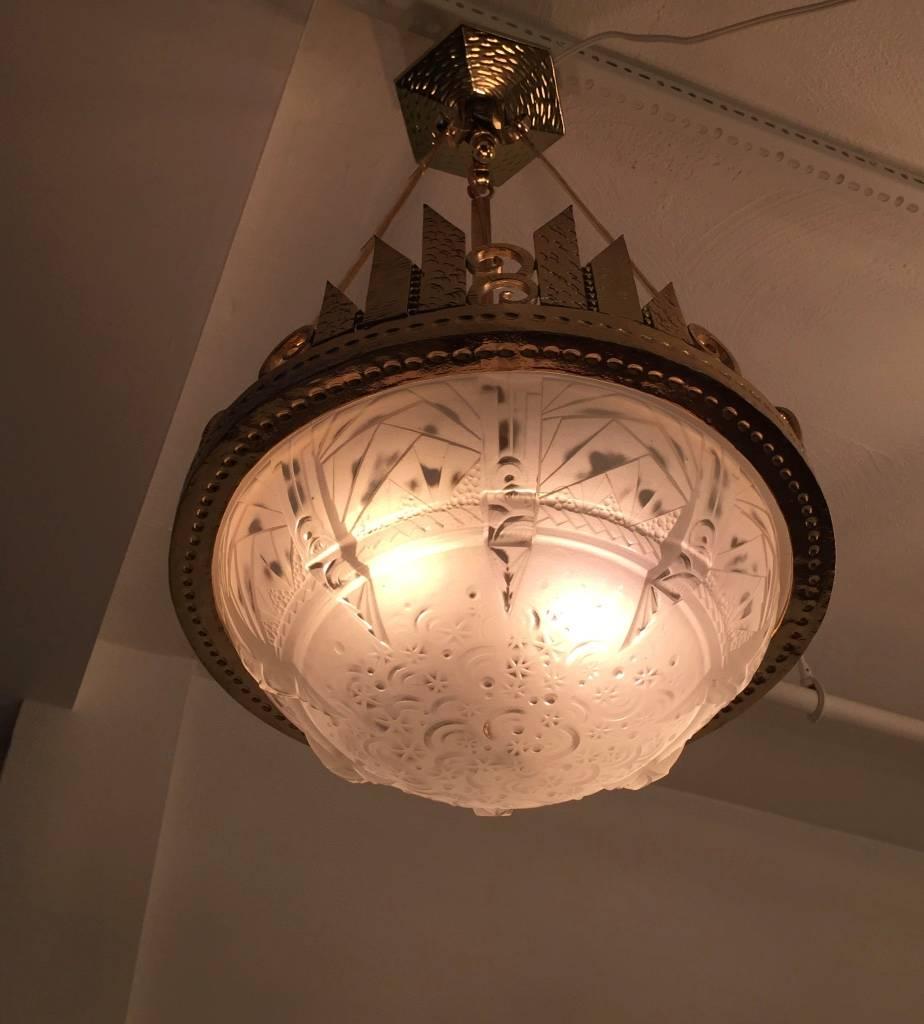 French Art Deco Chandelier Signed by Muller Frères and Denard For Sale 4