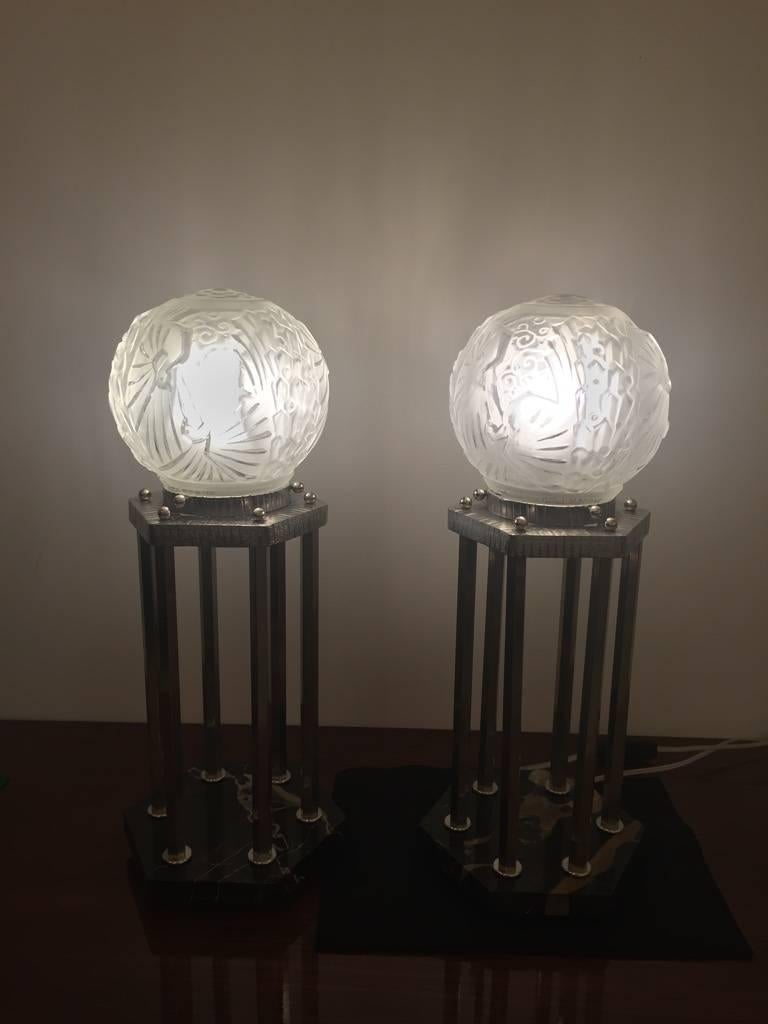 Paire de lampes de bureau Art Déco françaises signées par Muller Frres en vente 2