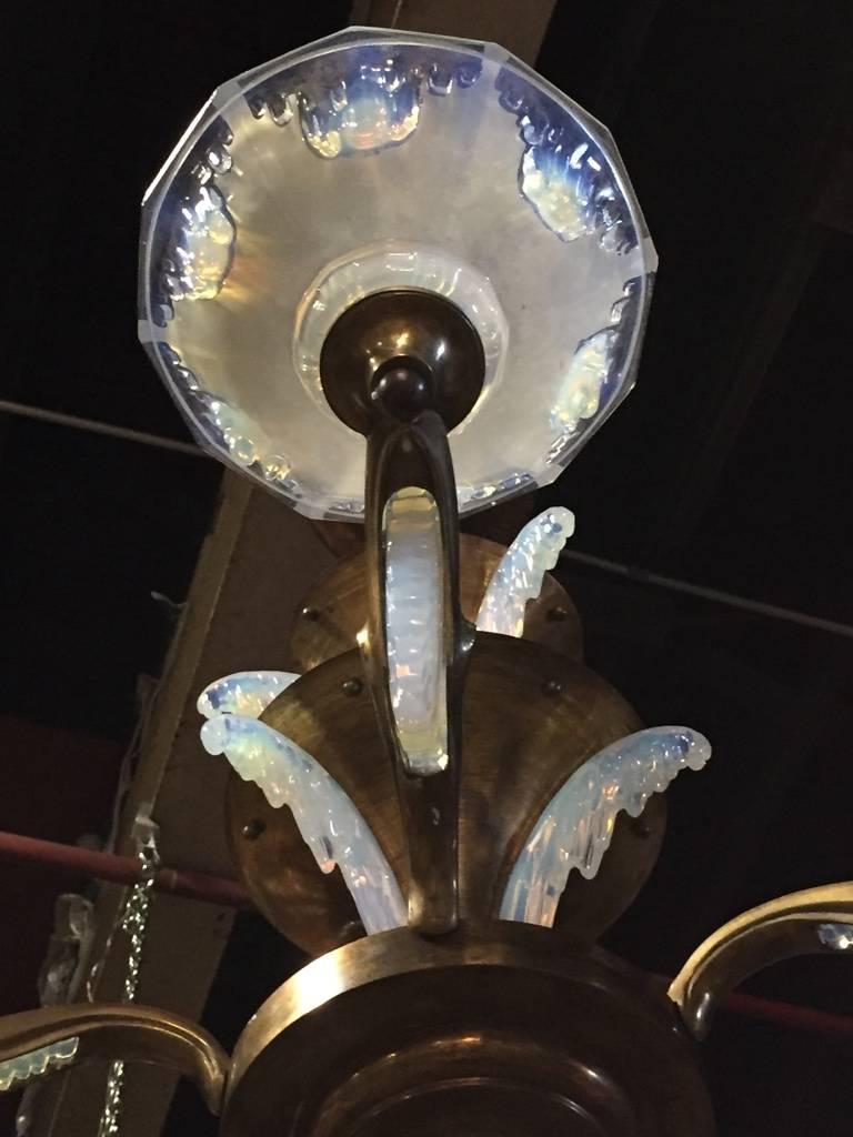 Mid-20th Century French Art Deco Chandelier with Opalescent Shades by Ezan