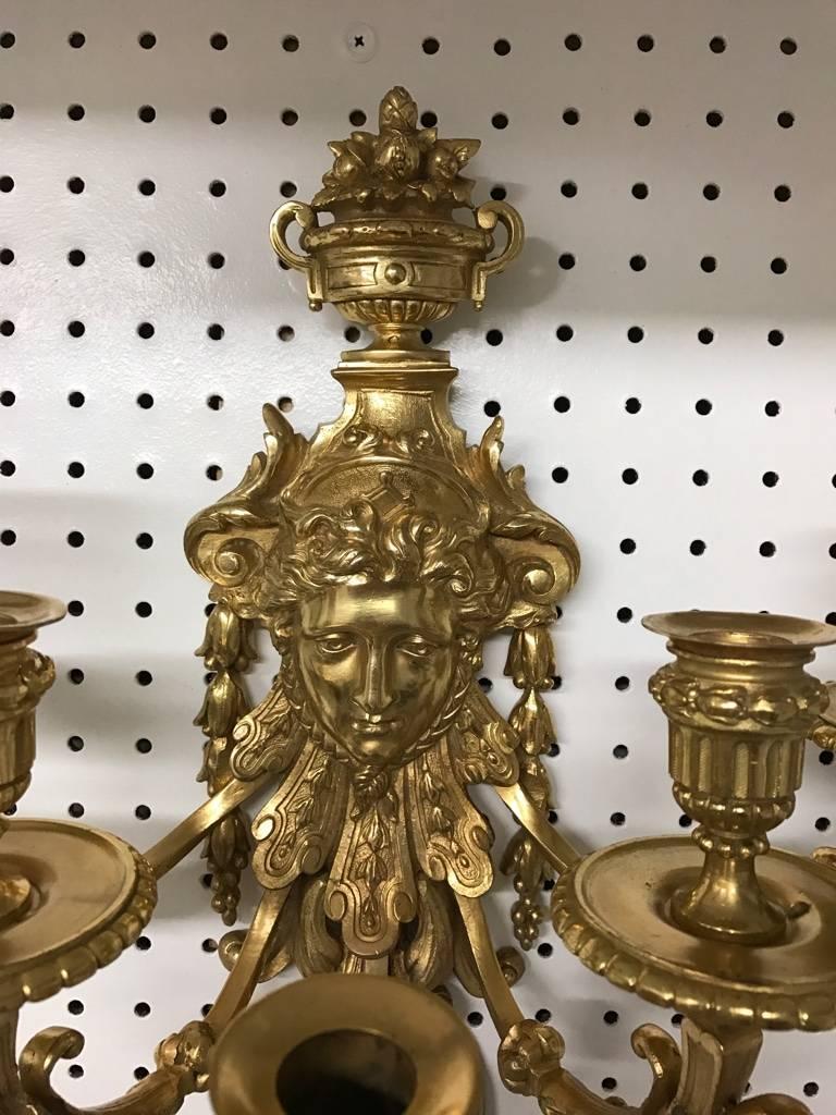 Pair of Five-Light Brass Candelabra Sconces In Excellent Condition For Sale In North Bergen, NJ