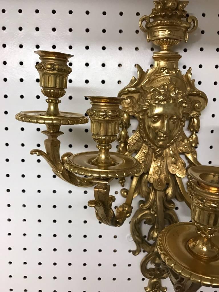 20th Century Pair of Five-Light Brass Candelabra Sconces For Sale