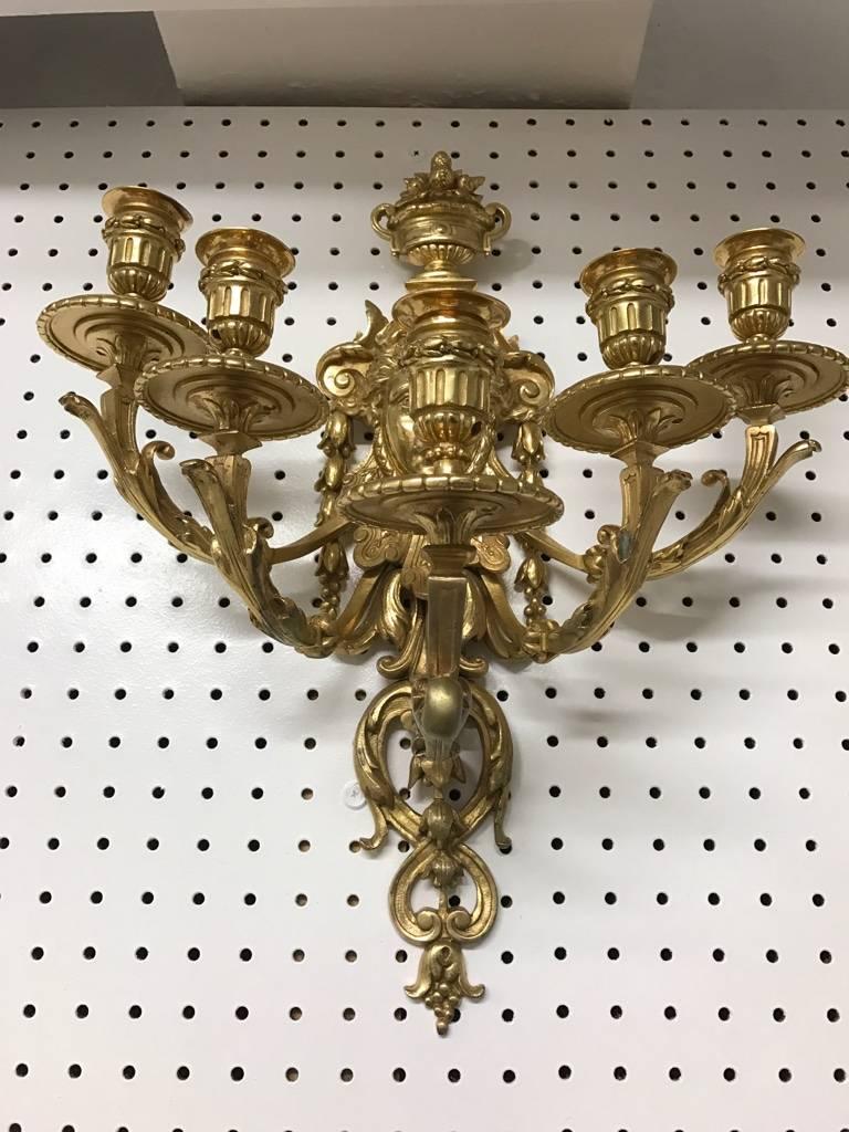 Pair of Five-Light Brass Candelabra Sconces For Sale 1
