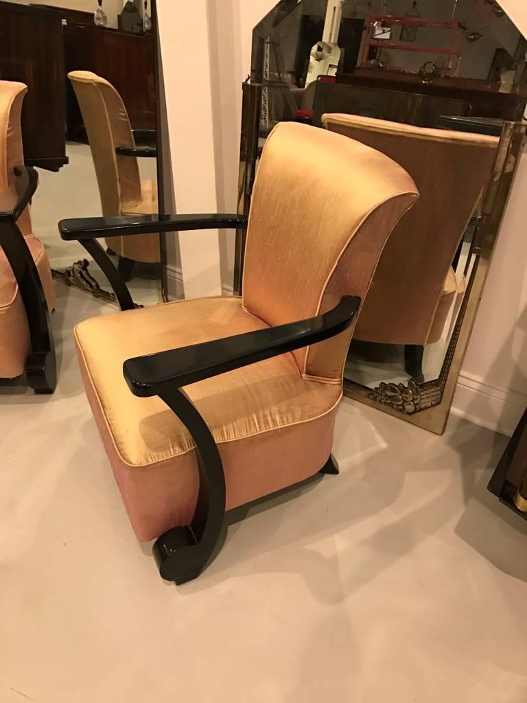 Mid-20th Century Pair of French Art Deco Ebony Lacquered Club Chairs