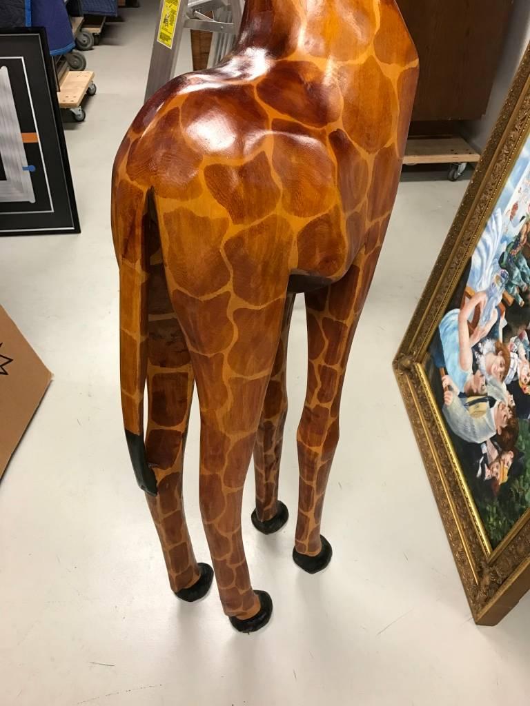 Tall Hand-Carved Wood Standing Giraffe In Good Condition For Sale In North Bergen, NJ