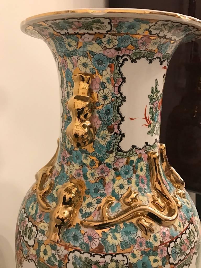 20th Century Palace Size Porcelain Vase with Floral Motif and Gold Accents For Sale