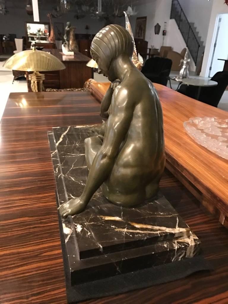 Signed French Art Deco Bronze Sculpture of Nude Seated Female In Excellent Condition For Sale In North Bergen, NJ