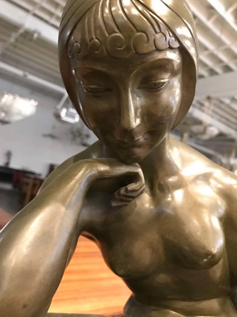 Marble Signed French Art Deco Bronze Sculpture of Nude Seated Female For Sale