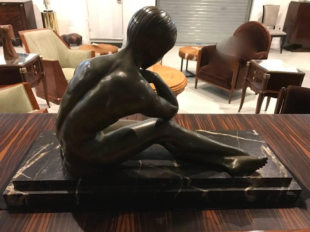 Signed French Art Deco Bronze Sculpture of Nude Seated Female For Sale 3