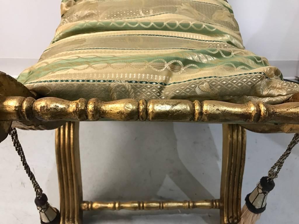 20th Century Giltwood Bench with Pillow and Nailheads For Sale