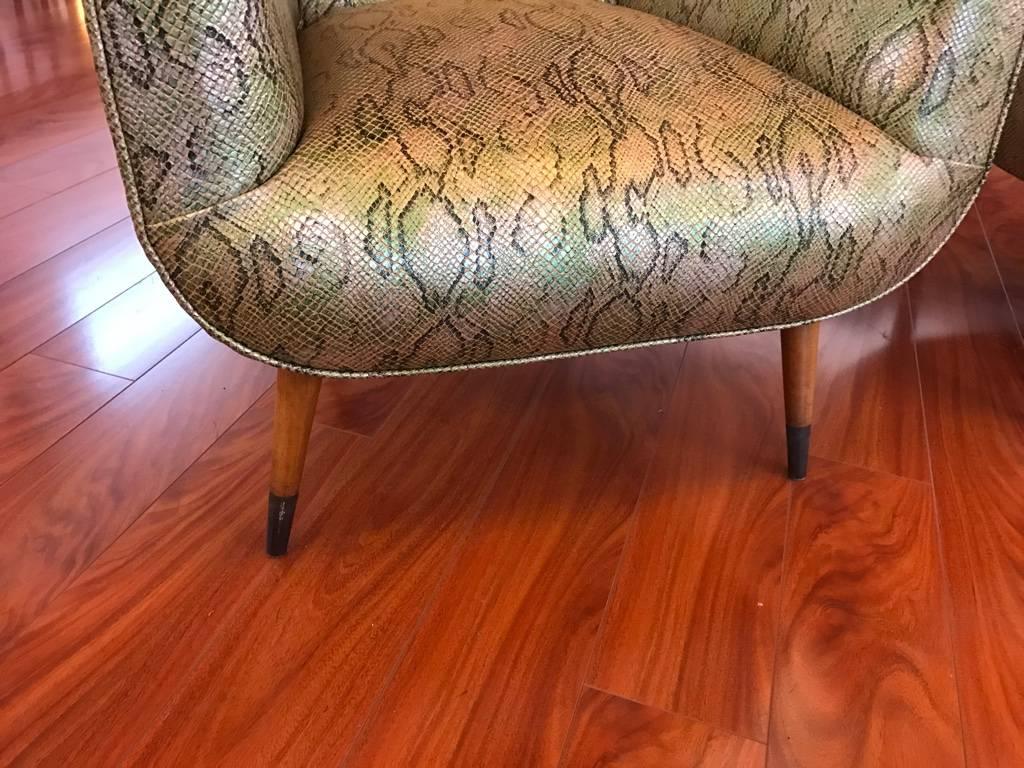 Mid-20th Century Pair of Italian Mid-Century Modern Club Chairs with Faux Snake Skin For Sale