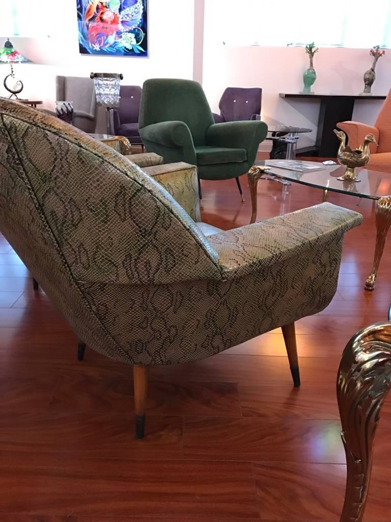 Pair of Italian Mid-Century Modern Club Chairs with Faux Snake Skin For Sale 1