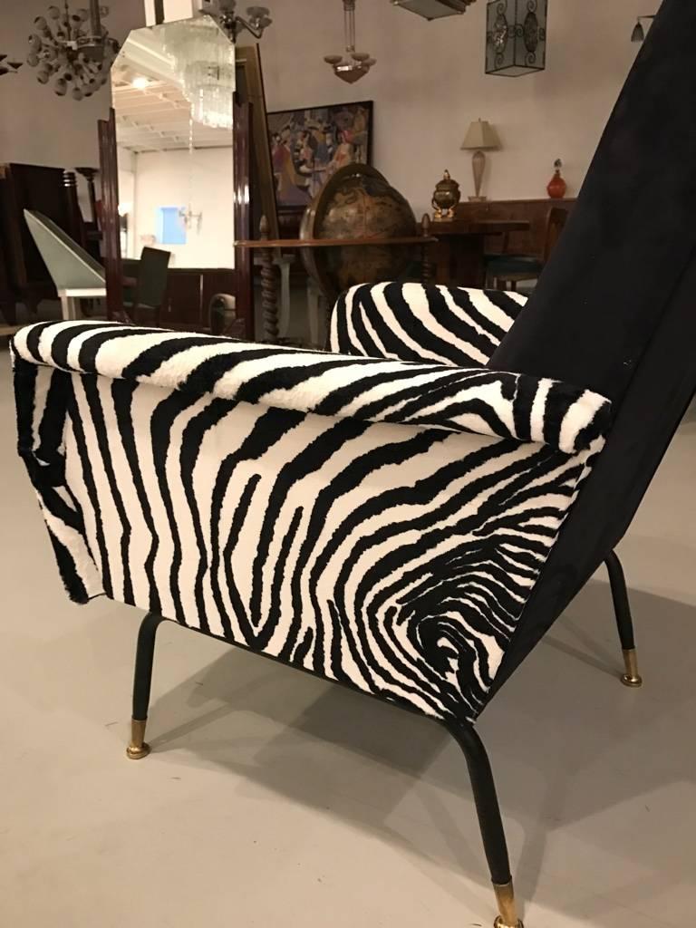 Late 20th Century Mid-Century Pair of Metal Club Chairs with Faux Zebra Print For Sale