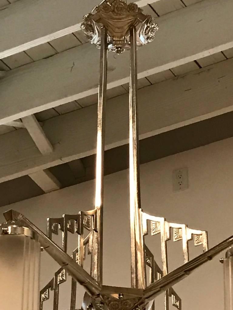 French Art Deco Chandelier with Skyscraper Motif In Excellent Condition For Sale In North Bergen, NJ