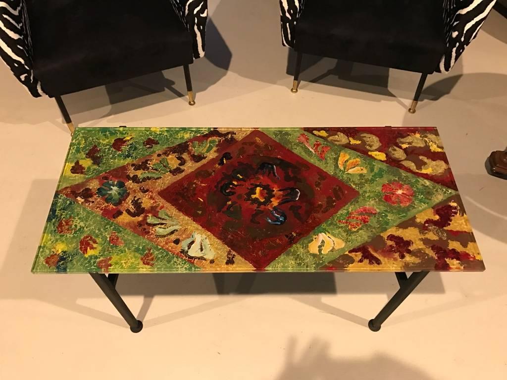 Italian Mid-Century Modern Coffee Table with Multicolored Glass Top 1