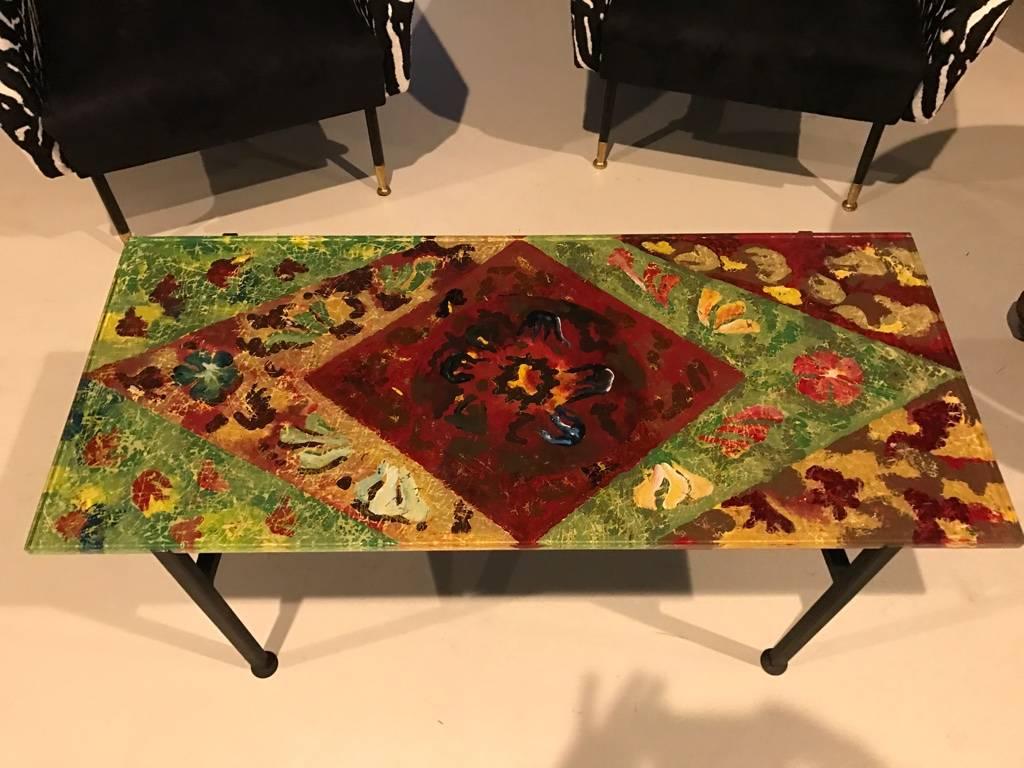 Italian Mid-Century Modern Coffee Table with Multicolored Glass Top 2