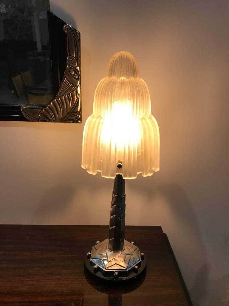 Pair of French Art Deco Table Lamps Signed by Sabino with Marble Base 5