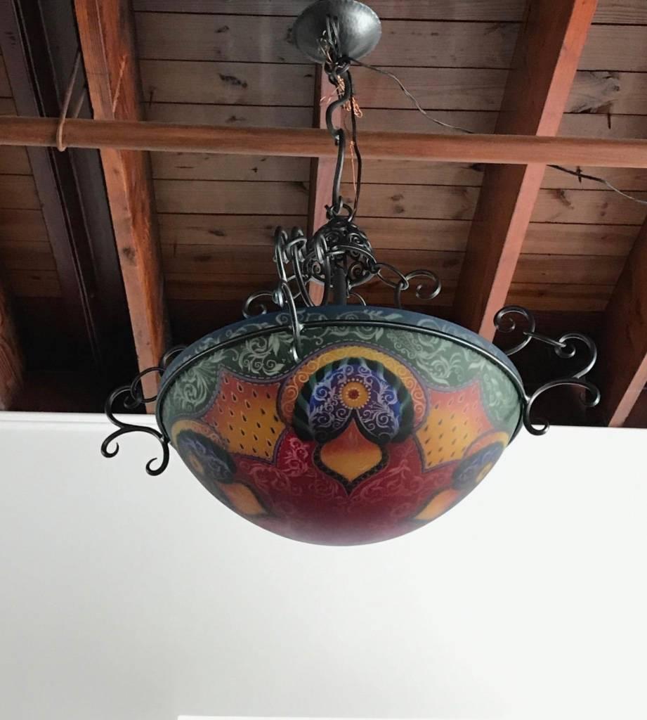 This gorgeous multiple original Ulla Darni Mir Red and Green 19 inch chandelier is reverse painted on glass with hand-forged iron work. This truly is a one of a kind piece of art. Every time I look at it I find new beauty within it. Just