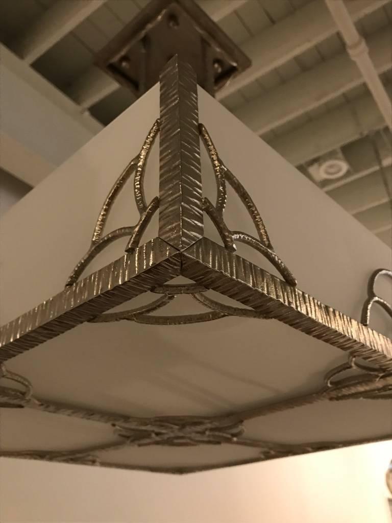 French Art Deco Industrial Nickeled Iron and Glass Chandelier 2